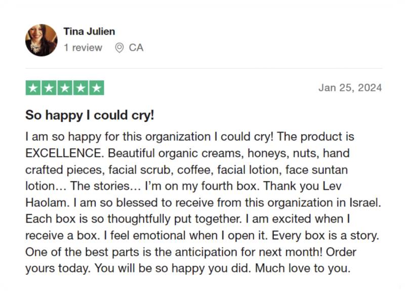 A glowing 5-star recommendation for Lev Haolam from customer Tina Julien, who describes her monthly subscription as an emotional and exciting blessing.