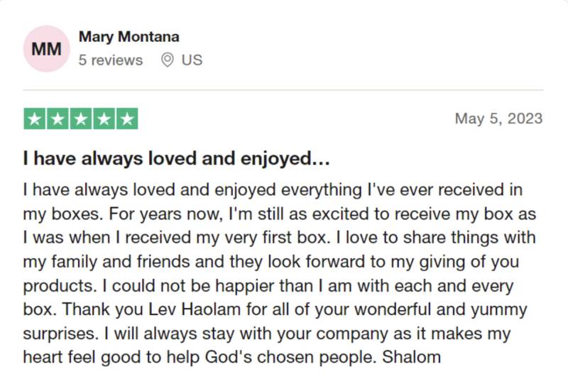 The reviewer, May Montana, praises her subscription boxes from Lev Haolam, expressing long-term satisfaction and a desire to support the community. The review ends with "Shalom."