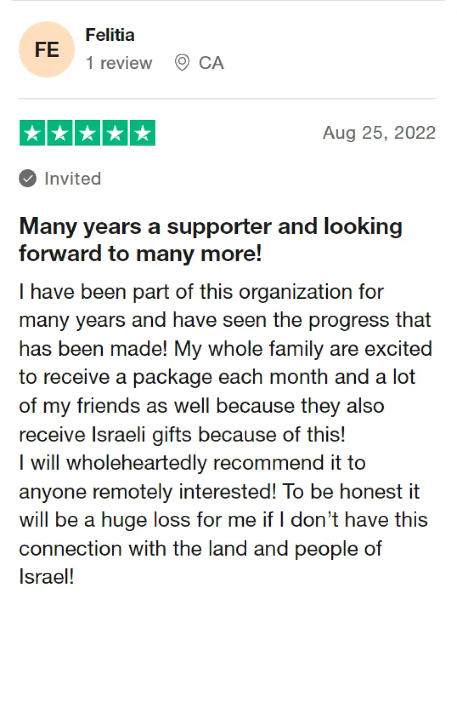 A review by Felitia, a long-term supporter from Canada, who writes: "A huge loss for me if I don’t have this connection with Israel" and rates Lev Haolam 5 stars.