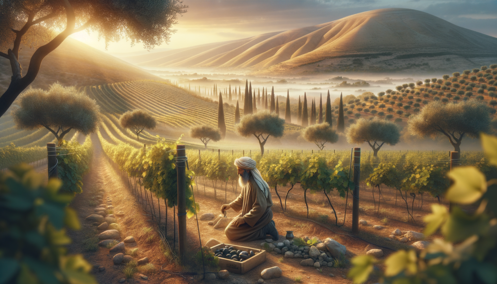 A high-quality, detailed image related to the topic of 'Isaiah, for example, describes a song of the beloved vineyard (Isaiah 5), where the owner did everything possible to care for the vines—clearing stones, planting choice vines, building a watchtower—yet the vineyard yielded only wild grapes. This story is not just agricultural imagery, but a mirror held up to the nation, calling it back to justice and integrity. Jeremiah echoes this theme, lamenting that a noble vine had turned into a strange, degenerate plant (Jeremiah 2:21). Hosea, too, speaks of Israel as a flourishing vine, which once bore fruit in abundance but later became entangled in false directions. These prophetic voices use the image of the vine to stir the heart, reminding the people of their higher calling and their rootedness in the land.'