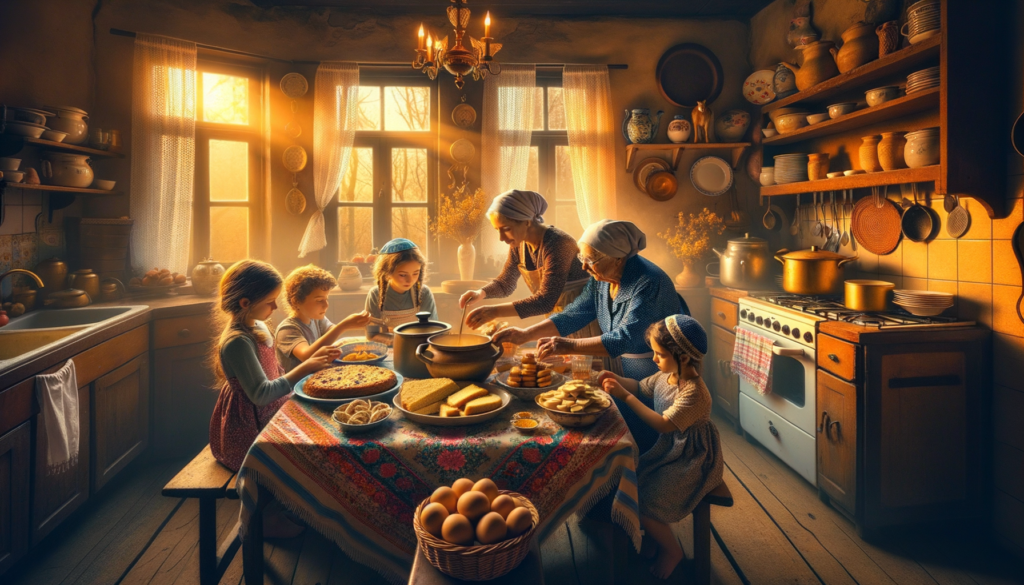 A traditional Ashkenazi meal with matzah ball soup, kugel, and challah bread on a rustic table