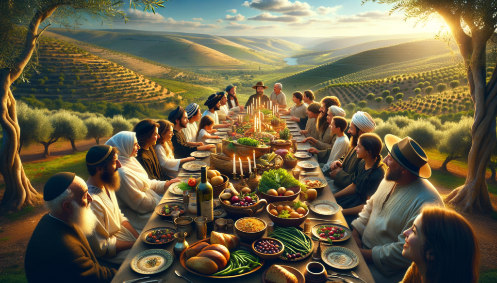 A colorful spread of traditional Israeli dishes on a wooden table