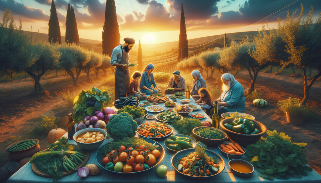 Colorful vegetarian Israeli dishes on a rustic wooden table