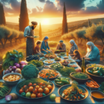 Colorful vegetarian Israeli dishes on a rustic wooden table