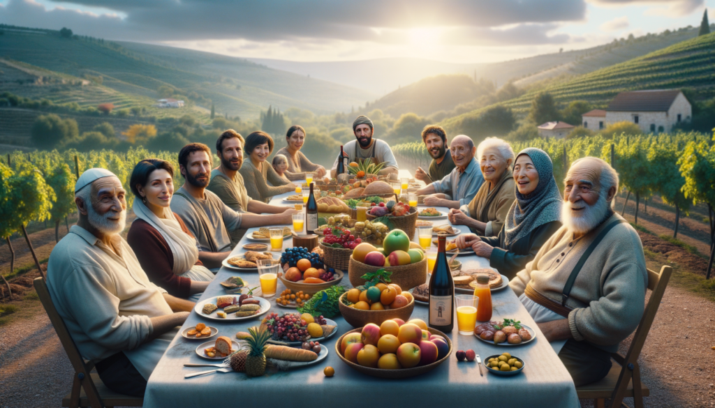 Traditional Israeli dishes and drinks on a rustic wooden table