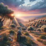 Ancient scroll and olive branches on rustic wooden table