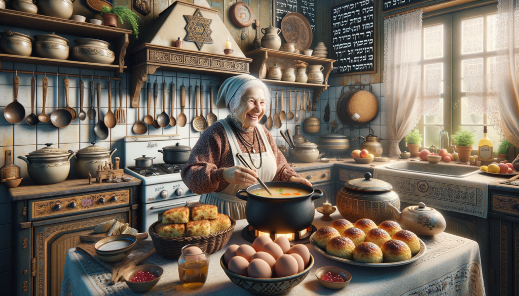 Table with Ashkenazi traditional dishes like kugel and chicken soup