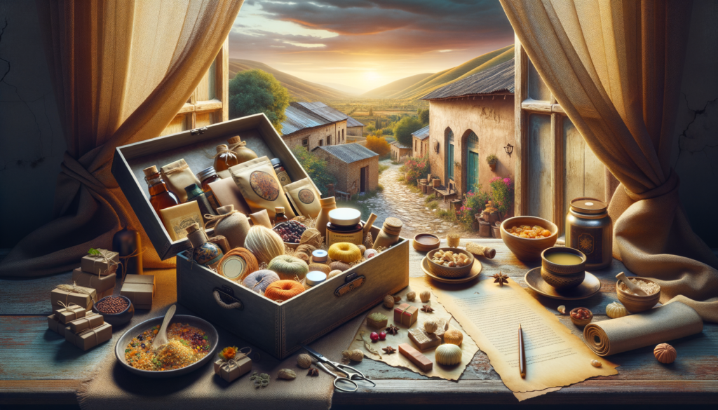 Assorted Israeli gift items including handmade soap, snacks, and crafts