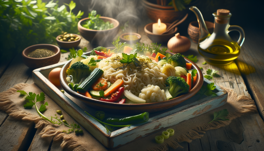 Image illustrating: Israeli-Style Rice Noodles with Vegetables and Herbs A Middle Eastern twist on a beloved noodle dish, perfect for cozy family dinners. A comforting and flavorful rice noodle dish inspired by Middle Eastern kitchens, featuring fresh herbs, sautéed vegetables, and warm spices. Health Benefits Rice noodles are naturally gluten-free, making them suitable for those with gluten sensitivities. This dish is rich in fiber and vitamins from fresh vegetables like zucchini and carrots. Using olive oil provides heart-healthy fats and enhances the absorption of fat-soluble vitamins.