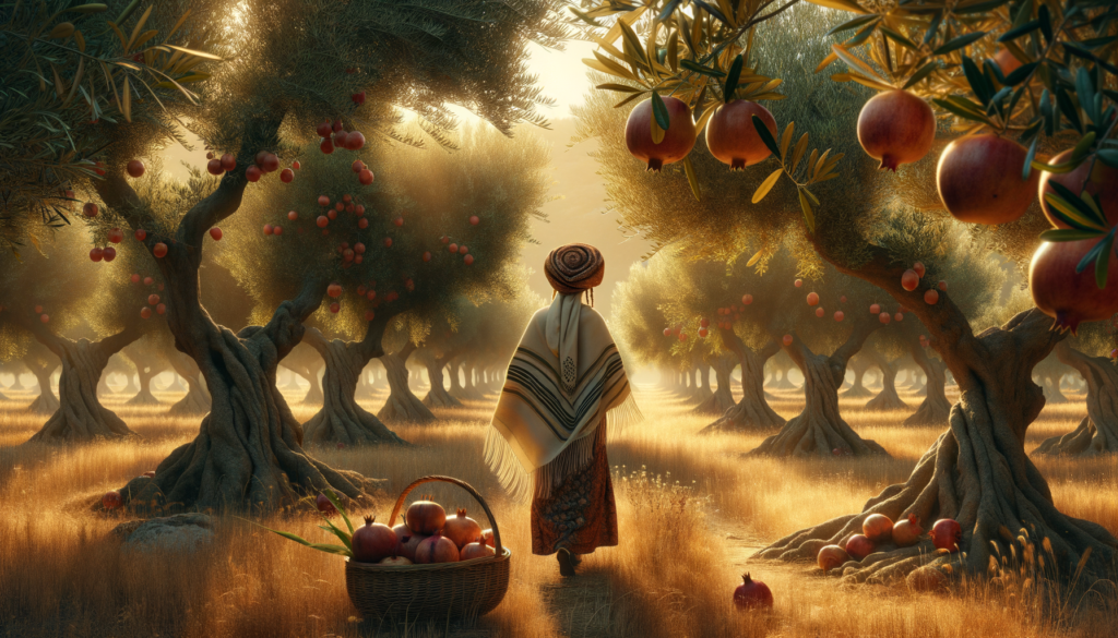 Image illustrating: Today, Miriam walks through her orchard with pride. Each tree tells a story—of hardship, of growth, of family. She speaks softly as she explains how the pomegranates are harvested just before Rosh Hashanah, the Jewish New Year, symbolizing abundance and renewal.