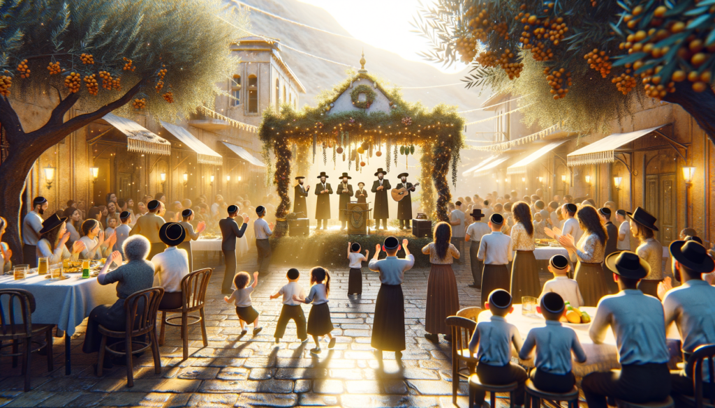 Image illustrating: During the harvest festival of Sukkot, Noam’s band plays in the town square. Families gather, children dance, and elders clap along. The music becomes a thread that weaves the community together.