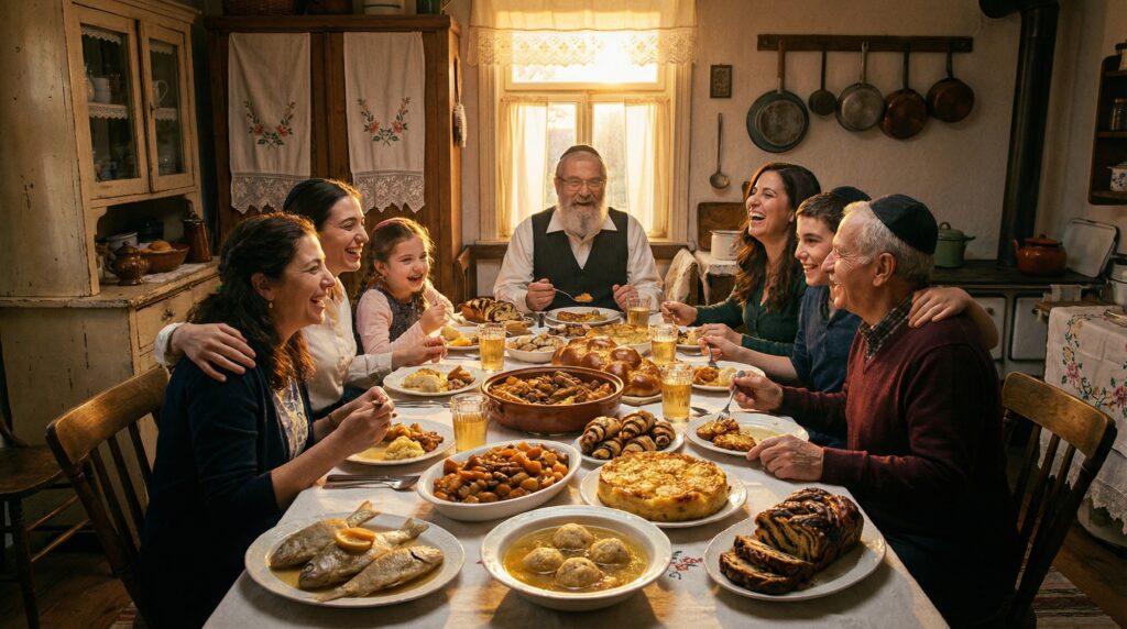 A selection of traditional Ashkenazi dishes on a rustic table