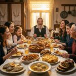 A selection of traditional Ashkenazi dishes on a rustic table